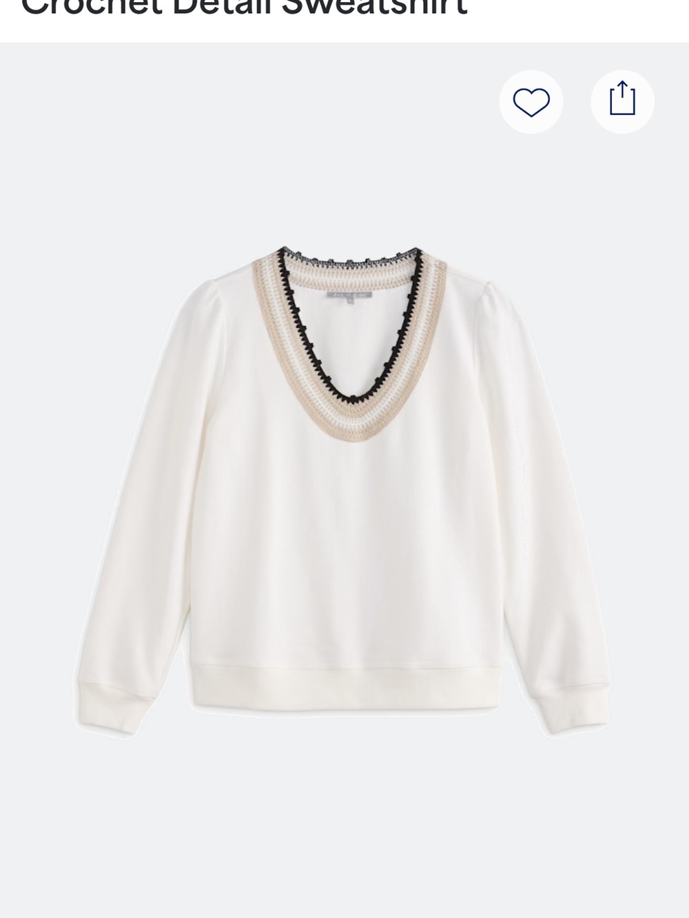 Daniel Rainn White V-Neck Sweatshirt with Beige and Black Crochet Trim